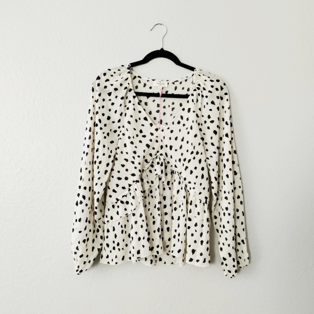 Umgee Boutique Cream Black Dalmatian Spotted V- Neck Ruffle Tiered Top